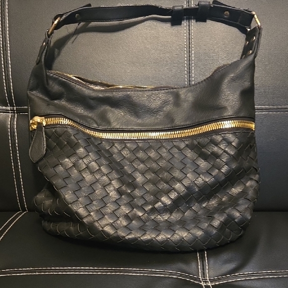 Madison West Black Woven Hobo Bag with Gold Zipper - Picture 1 of 7